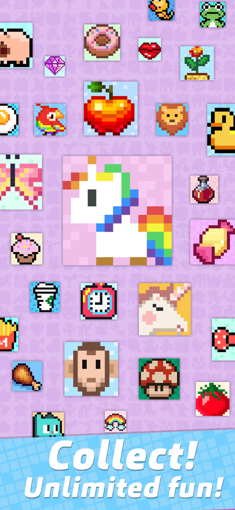 Una variedad de coloridos iconos de arte pixelado para coleccionar en un juego de puzles