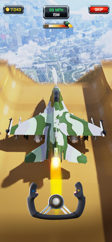 Camouflaged fighter jet launching from a ramp over a city in Crazy Plane Landing game