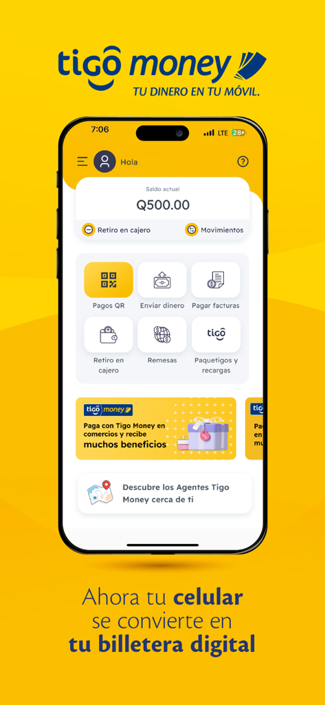 Billetera Tigo Money Guatemala - Main dashboard of the Tigo Money Guatemala digital wallet showing balance and financial services.