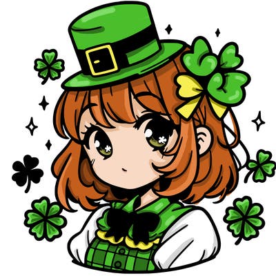 a manga-style girl with clovers around her, a little hat in her hair, like it's saint patrick's day