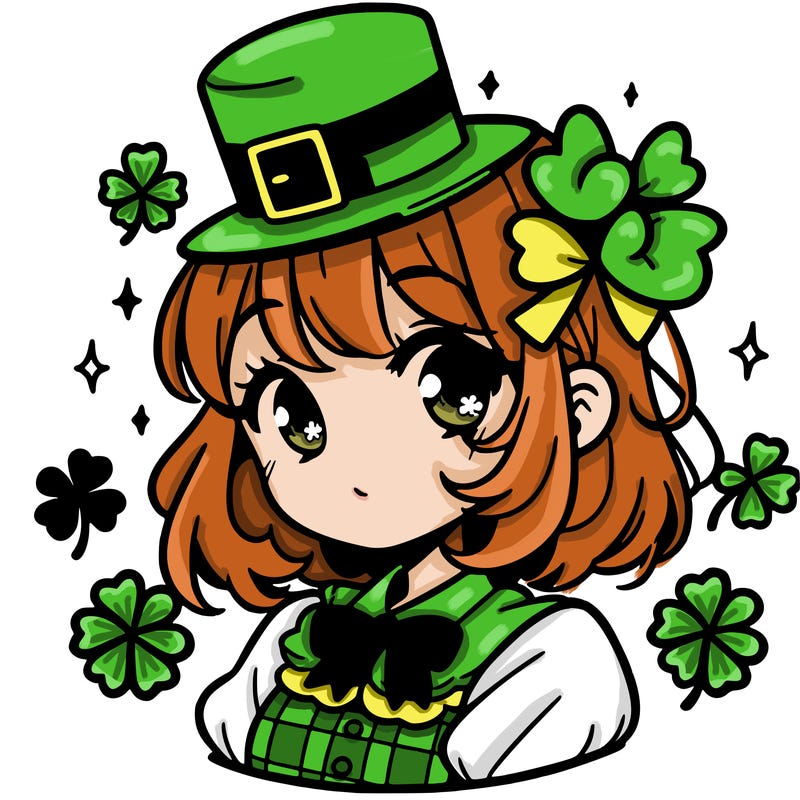 a manga-style girl with clovers around her, a little hat in her hair, like it's saint patrick's day