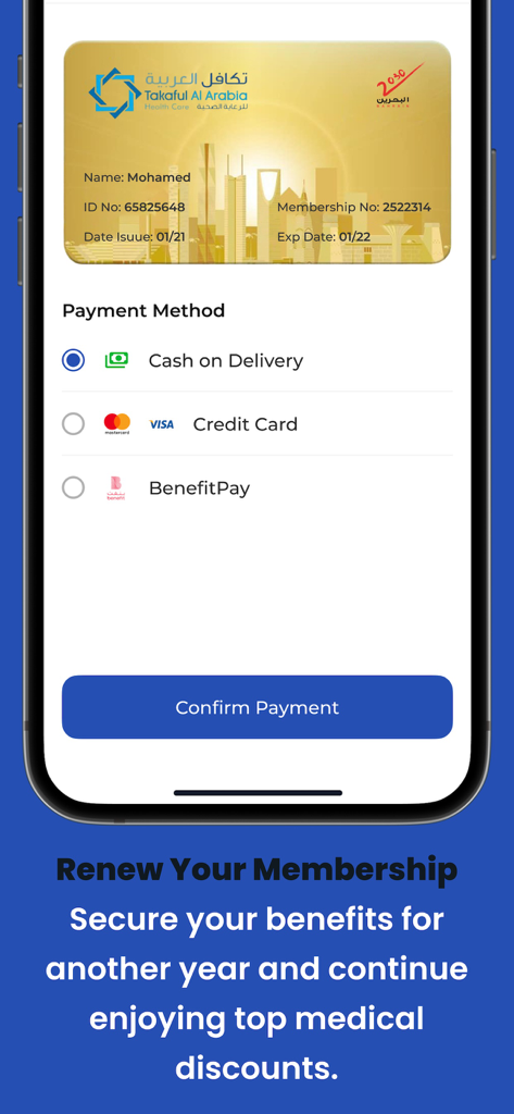Takaful Al Arabia app interface showing membership renewal and payment options