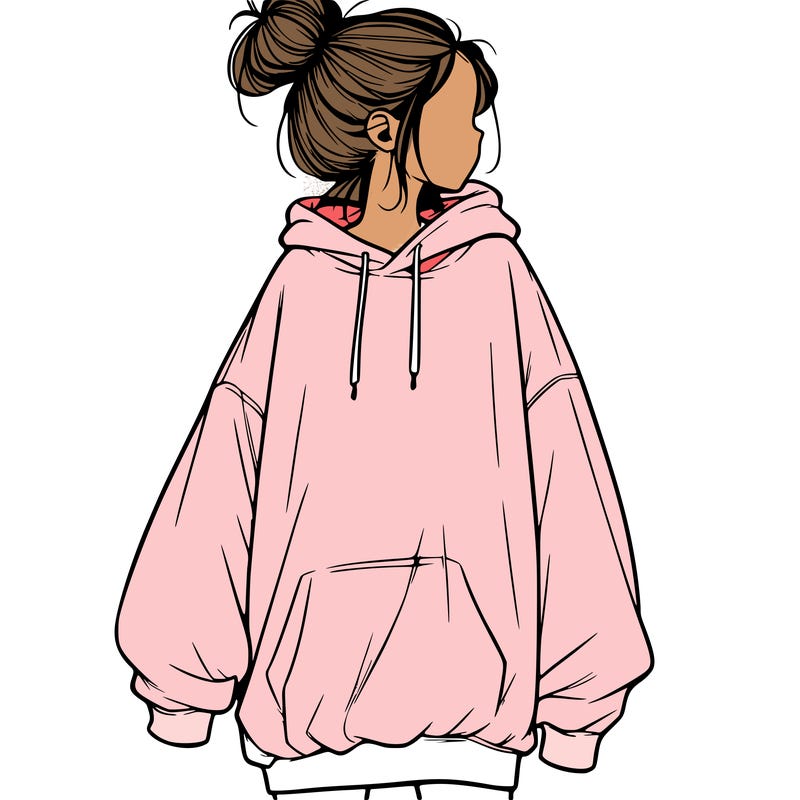 realistic girl with a oversized sweatshirt on and a bun