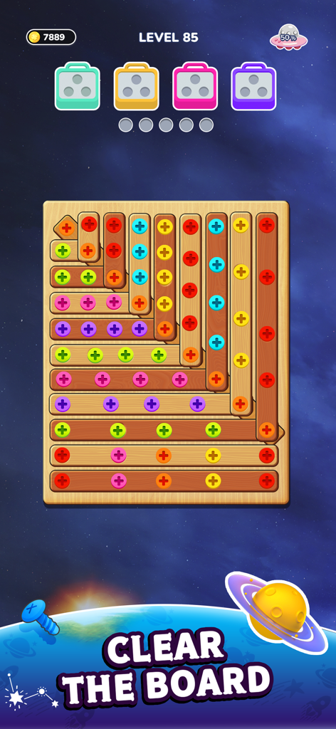 Screw Master: Color Nuts Jam - Gameplay of Screw Master Color Nuts Jam showing a wood puzzle board with colorful screws and planks