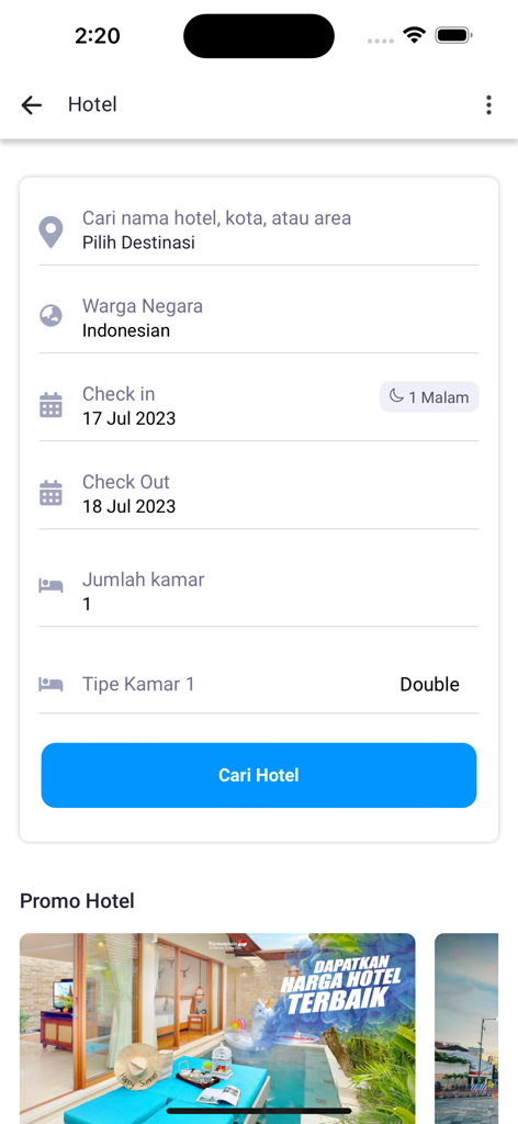 Darmawisata Indonesia - Hotel booking search form in the Darmawisata Indonesia travel app showing fields for destination date and room type