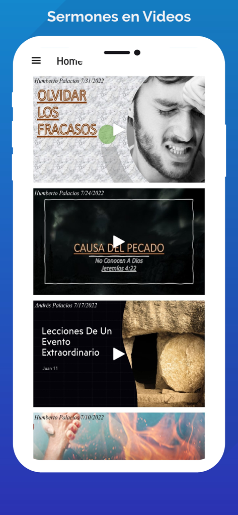 Captura de pantalla de la aplicación Himnario Cantos Espirituales+ que muestra una lista de sermones en video religiosos en español