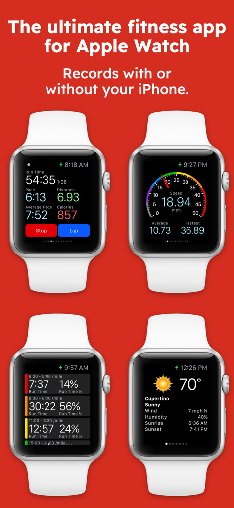 Aplicación de fitness Runmeter en Apple Watch que muestra pantallas de datos de velocidad, tiempos parciales y clima.