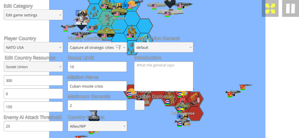 Armchair Commander - Armchair Commander map editor interface showing custom mission creation settings and a hexagonal grid map with military units.