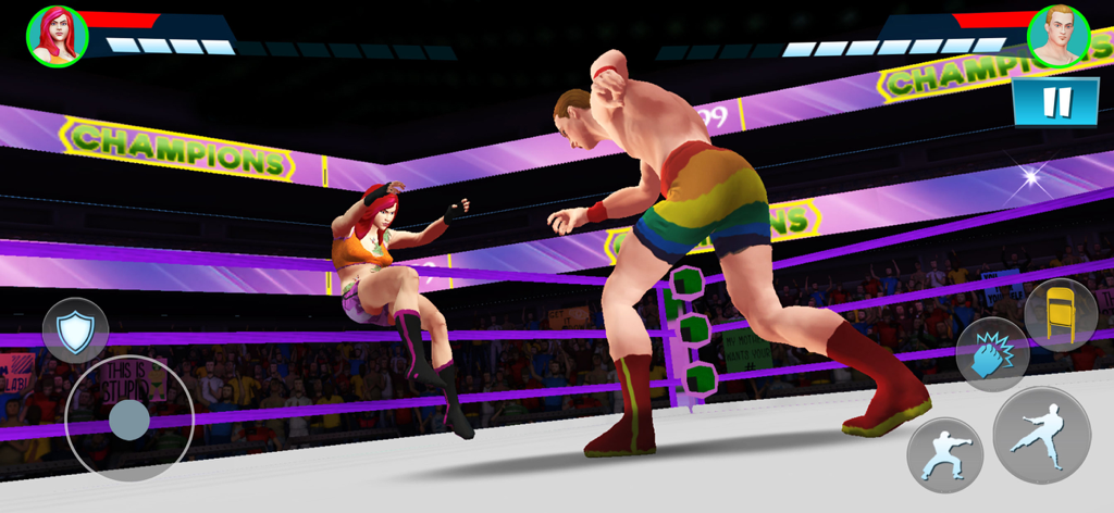 Wrestling Game: Ring Battle - Un catcheur masculin et une catcheuse s'affrontent dans un match de ring avec les contrôles du jeu visibles