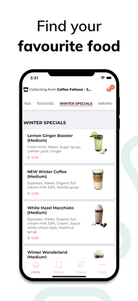 Coffee Fellows Malta mobile app winter specials menu showing seasonal drinks and prices