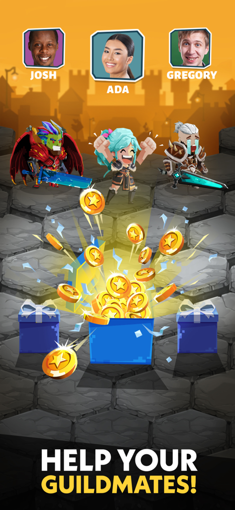 Slash & Roll: Dice Heroes - 3人のプレイヤーと彼らのファンタジーアバターがお祝いしている様子、宝箱が金貨とともに開き、「ギルドメンバーを助けよう」というテキストが表示されます。