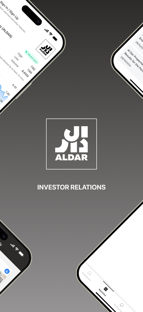 Aldar Investor Relations app interface showing share price performance and financial data on mobile screens