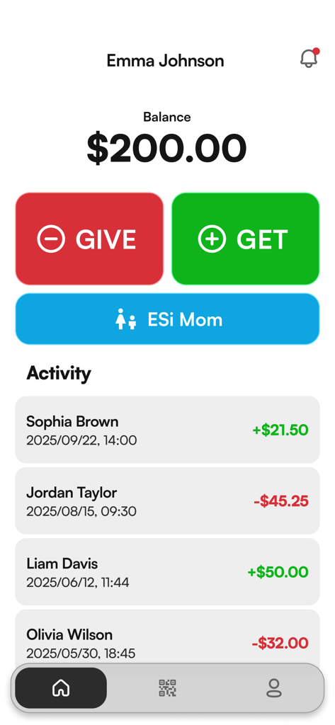 Panel de control de la app ESi Pay que muestra un saldo de 200 dólares con botones para dar y recibir y una lista de actividad de transacciones recientes
