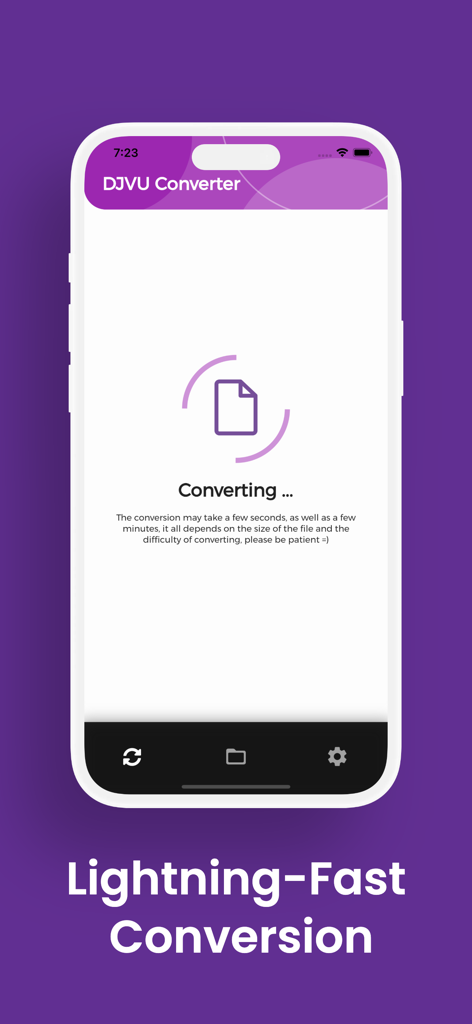 DJVU Converter, DJVU to PDF - Tela do iPhone mostrando o aplicativo Conversor DJVU processando um documento com um status de conversão ultrarrápido.