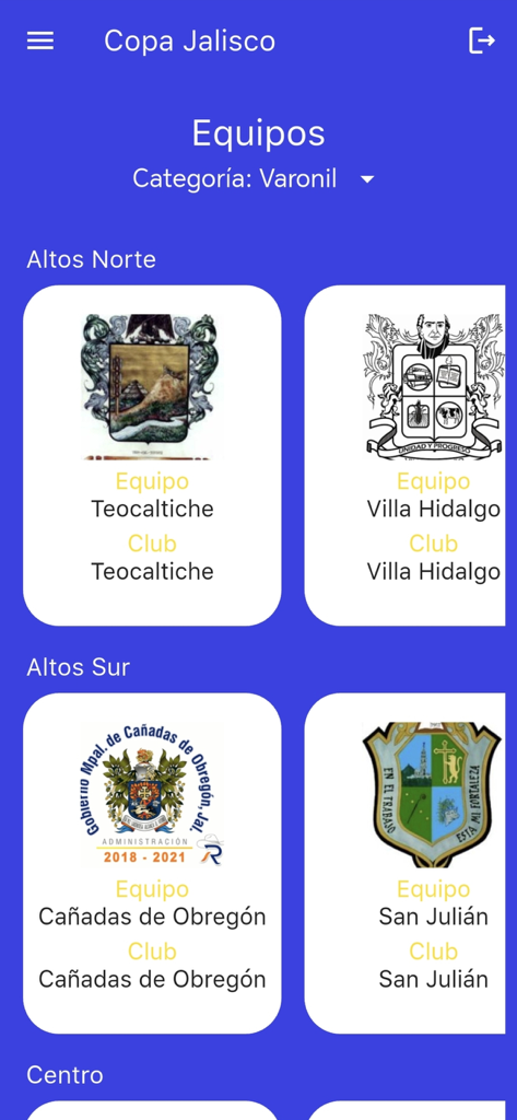 Copa Jalisco - Copa Jalisco app screen displaying soccer teams categorized by region including Altos Norte and Altos Sur with team crests