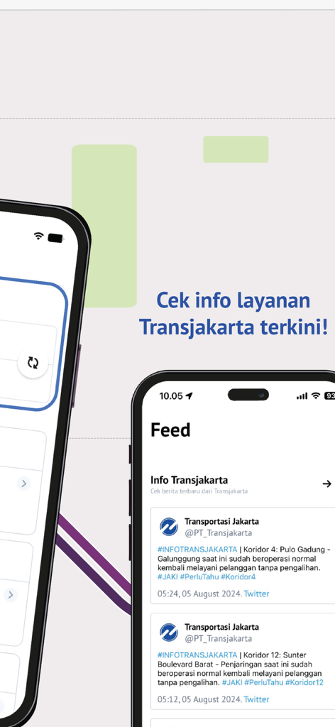 TJ:Transjakarta - A mobile app interface displaying a news feed with official service updates for Transjakarta transit.