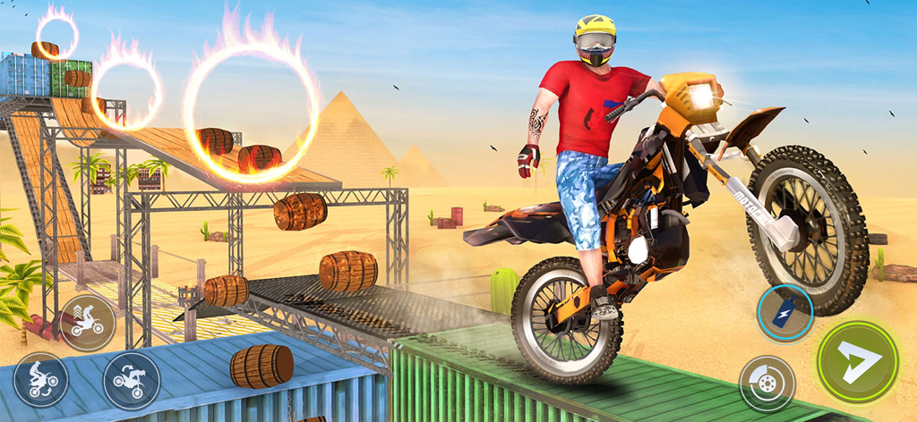 Bike Stunt Race Master 2 - 불꽃 고리 사이의 사막에서 컨테이너 위에서 휠리를 하는 오토바이 스턴트 라이더