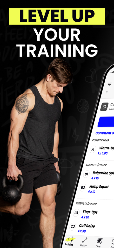 TrainHeroic: Strength Training - Un uomo che esegue affondi con kettlebell accanto a un registro di allenamento digitale sull'app TrainHeroic.