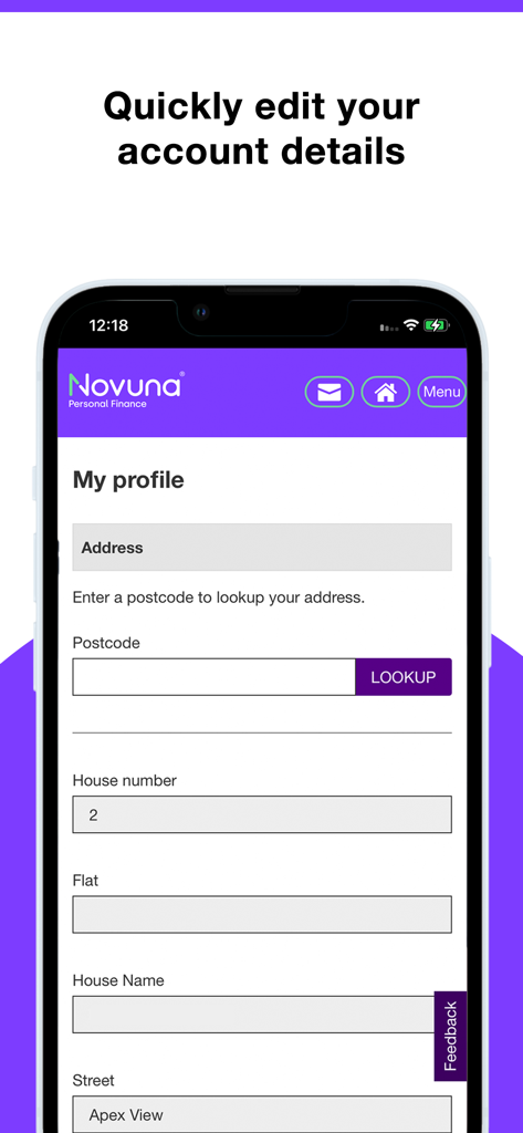 Novuna Personal Finance - Pantalla de perfil de la aplicación Novuna Financiación Personal que muestra los campos para actualizar los detalles de la dirección personal