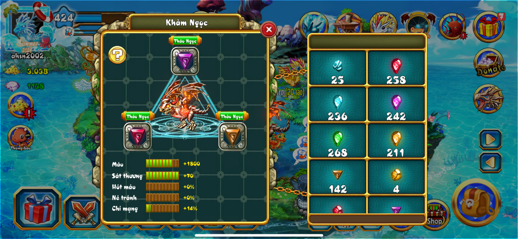 In-game menu of Đảo Rồng Mobile showing dragon stats and gem socketing inventory