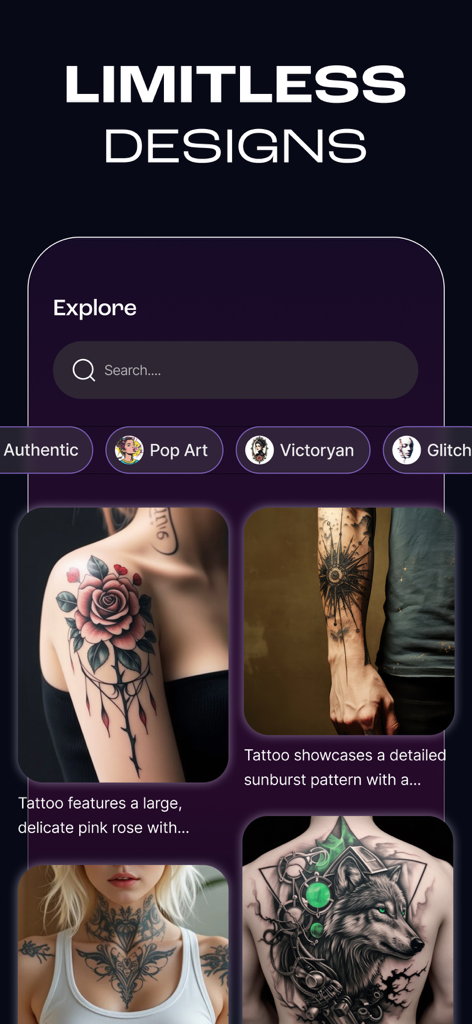AI Tattoo Design- Tattoo Maker - Interfaz de aplicación móvil que muestra varios diseños y estilos de tatuajes generados por IA para explorar.