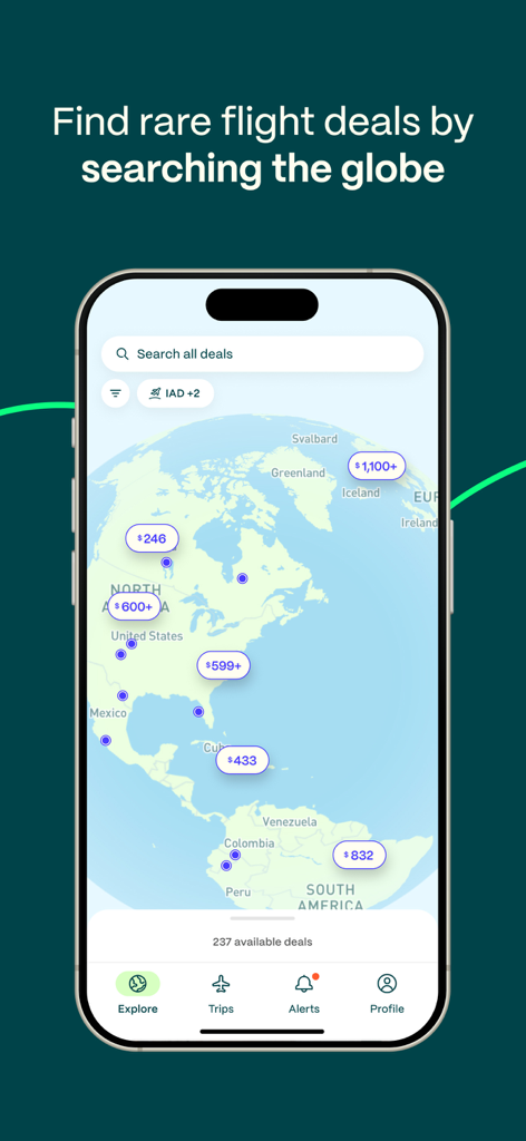 The Going app interface showing various flight price deals on an interactive world map