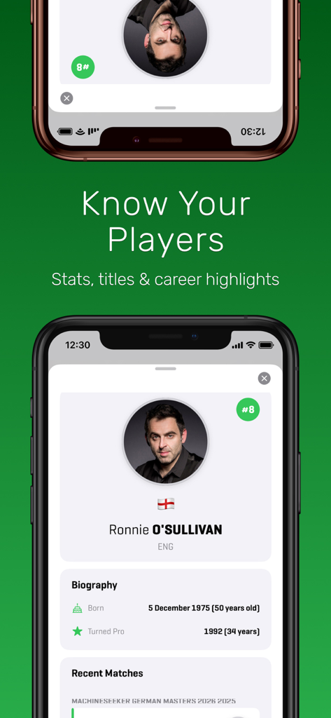 Player profile screen in the World Snooker Online app featuring Ronnie O Sullivan with career statistics and biography
