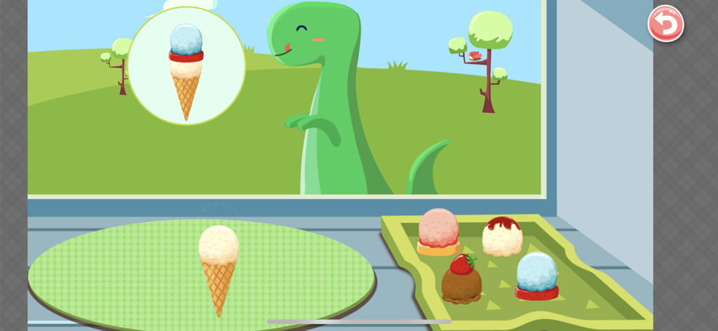 Ice Cream Truck: Dessert Sim - A green dinosaur character waits for a custom ice cream cone in a colorful children's simulation game