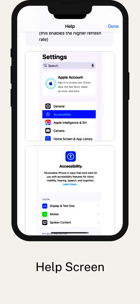 120 FPS Meter - 120 FPS Meter help screen showing iOS settings instructions