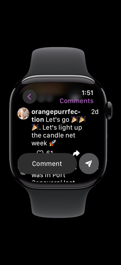 A screenshot showing Instagram comments on an Apple Watch interface via the Lens app