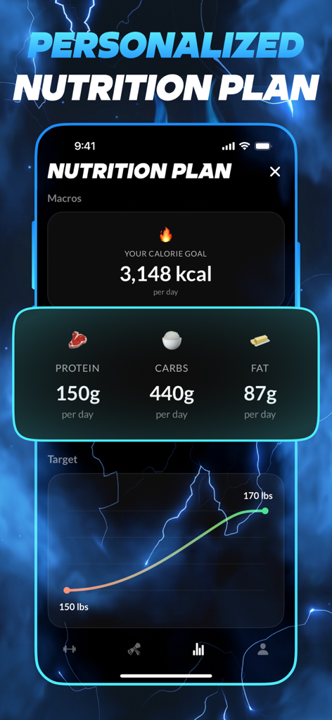 Personalized nutrition plan screen in the Arise app showing daily calorie goals and macro tracking.