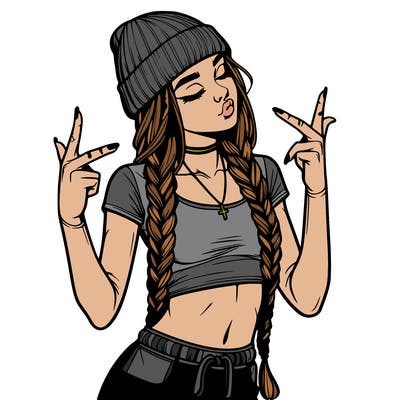realistic teenage girl with braids and a beanie and crop top doing 🫶🏼