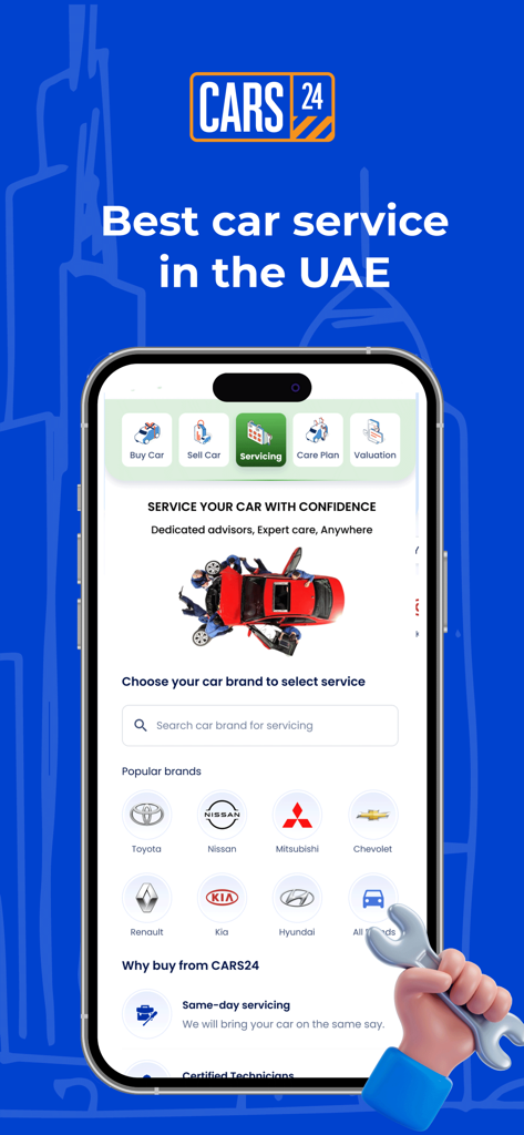 CARS24 UAE: Used cars, Drivers - CARS24 UAE mobile app screen for booking professional car servicing and maintenance