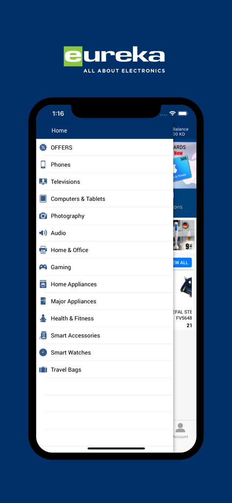 Sidebar menu of Eureka Electronics mobile app listing electronics and appliance categories.