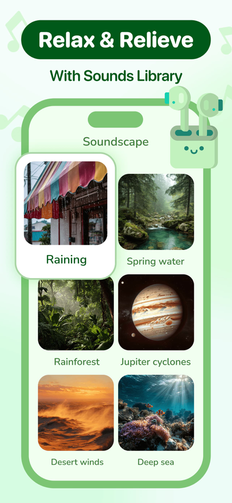 Stress Monitor - Moodpress - Moodpress app sound library interface featuring nature and ambient soundscapes like raining and rainforest for stress relief