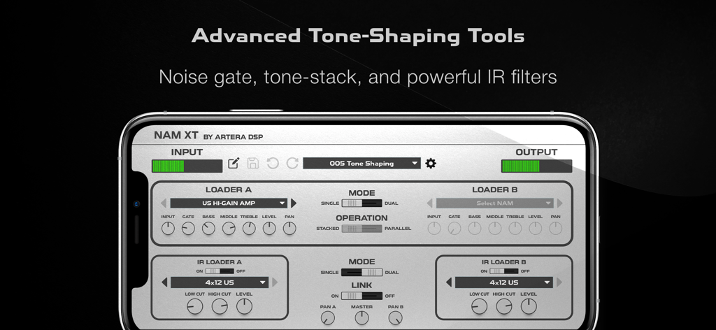Tela do aplicativo Nam XT mostrando ferramentas avançadas de modelagem de timbre e interface do neural amp modeler