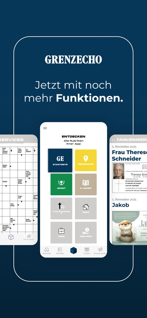 GrenzEcho App - Imagem promocional da aplicação GrenzEcho apresentando várias categorias de notícias e serviços, como notícias regionais, desporto e e-paper