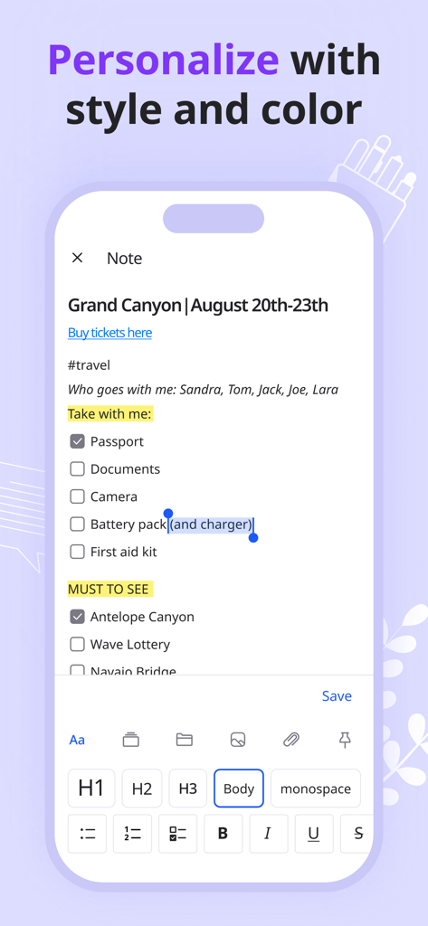 Listta: ToDo & Digital Planner - Listta app interface showing a travel planning note with checklist and text formatting options