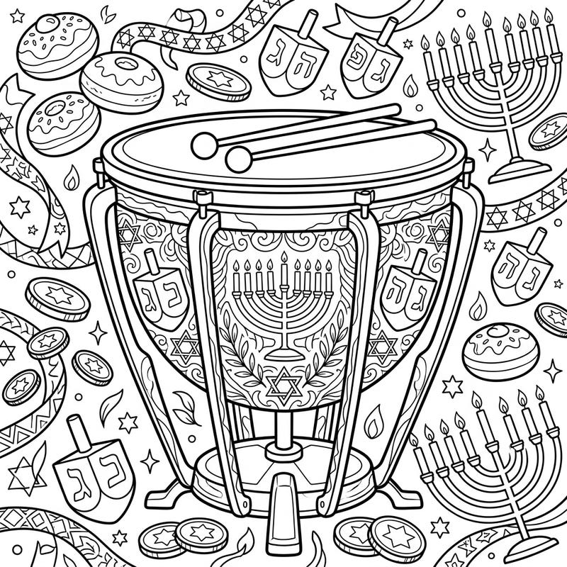 Dive into the festive spirit of Hanukkah with this beautifully detailed timpani drum coloring page. Adorned with traditional symbols, it offers a unique blend of music and holiday cheer for all ages.
