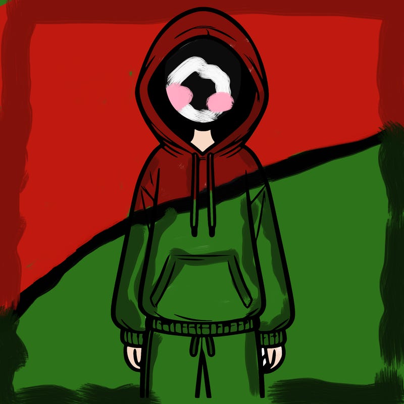 faceless girl in a tracksuit with a hood on and no hair