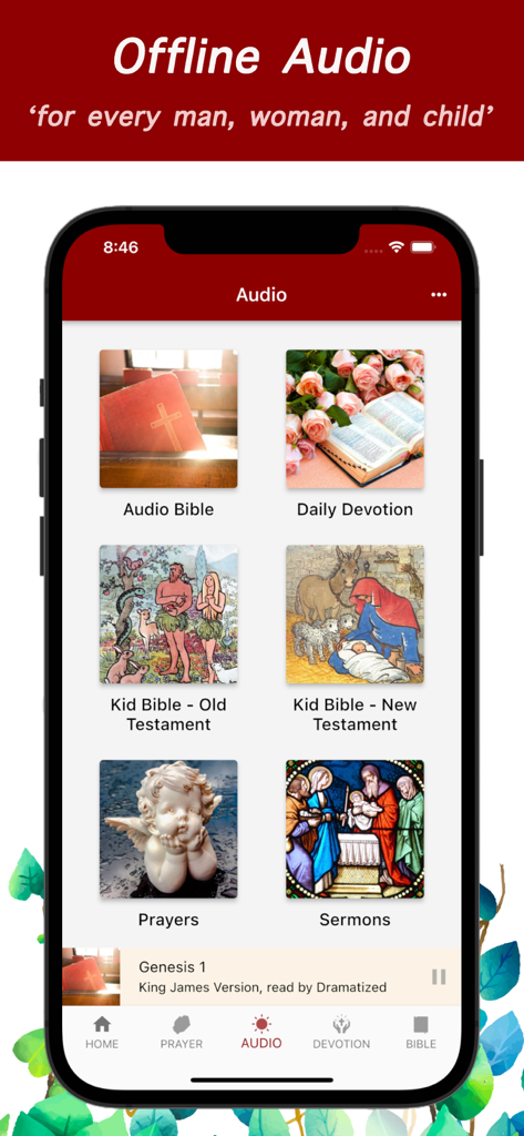 iPray app interface showing offline audio categories for Bible devotions kids versions and sermons