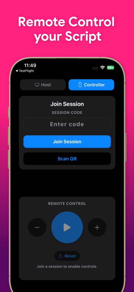 Teleprompter - Video Recording - Interfaz que muestra la función de control remoto de la aplicación teleprompter para gestionar el desplazamiento del guion desde otro dispositivo