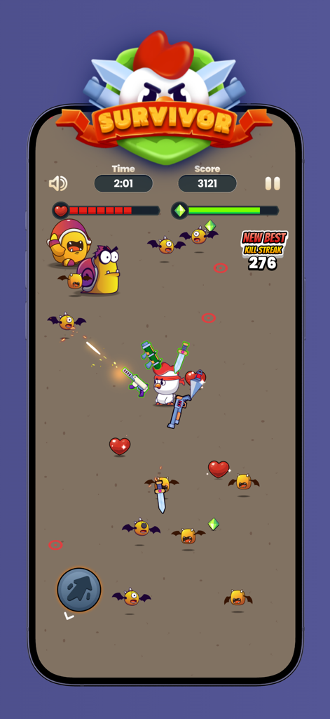 Chicken character battling enemies in the Spark Win Cash Survivor game mode.