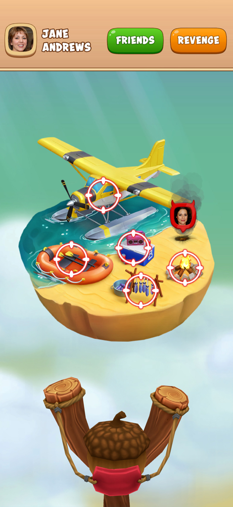 Jugador usando una honda para asaltar el reino isleño de un amigo en Animales y Monedas Juego de Aventura