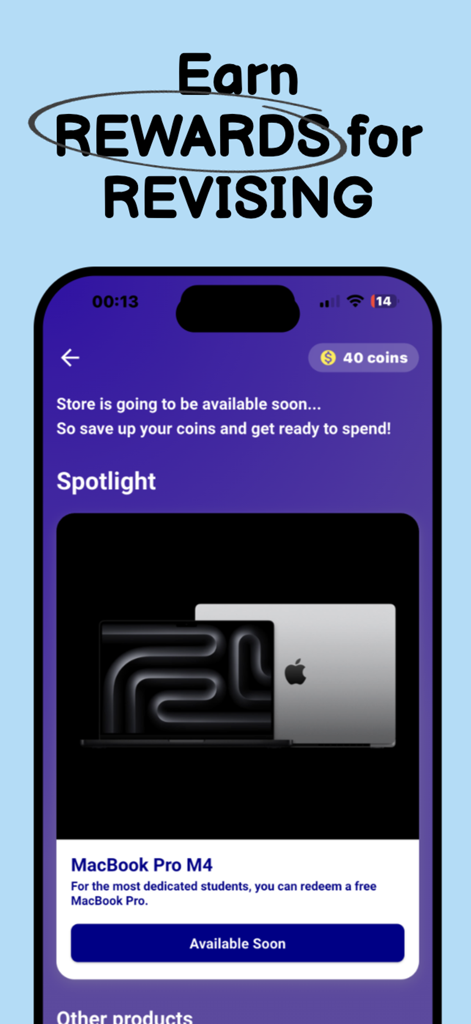 StudyHub - Interfaccia dell'app StudyHub che mostra un negozio di premi dove gli studenti possono guadagnare un MacBook Pro per i loro progressi di revisione.