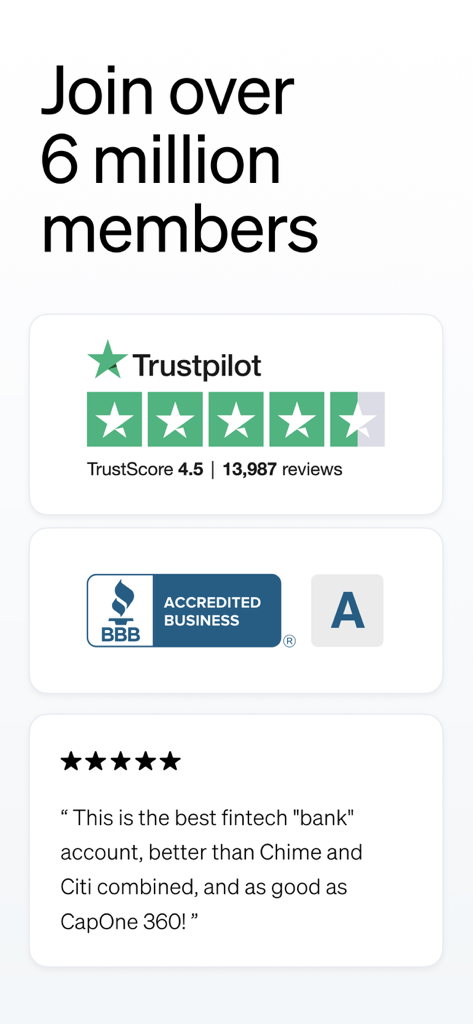 Social proof for Current mobile banking showing over 6 million members Trustpilot ratings and BBB accreditation