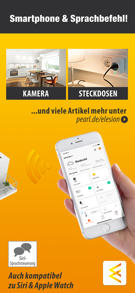 Hand holding iPhone showing ELESION app dashboard with camera and smart socket controls compatible with Siri and Apple Watch