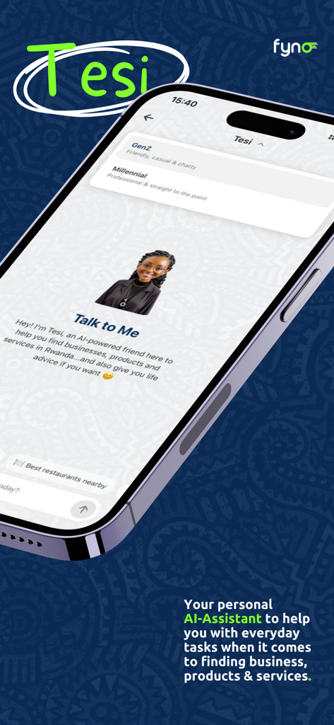 Fynd Rwanda - The Tesi AI assistant interface in the Fynd Rwanda app showing GenZ and Millennial chat personality options.