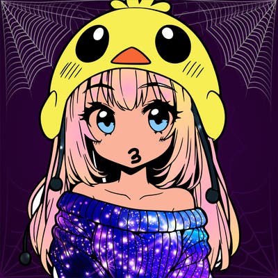 anime girl with chick shaped hat with sweater with bare shoulders with bangs covering them one eye with low tail
