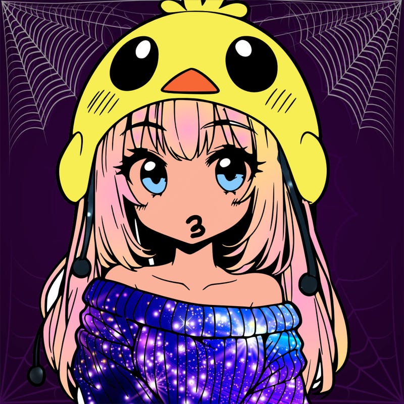 anime girl with chick shaped hat with sweater with bare shoulders with bangs covering them one eye with low tail